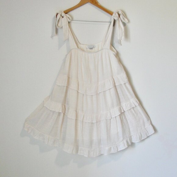 Hyfve Babydoll Mini Dress Cream Boho Tiered Ruffle Tie Sleeveless Straps Medium - Picture 3 of 13